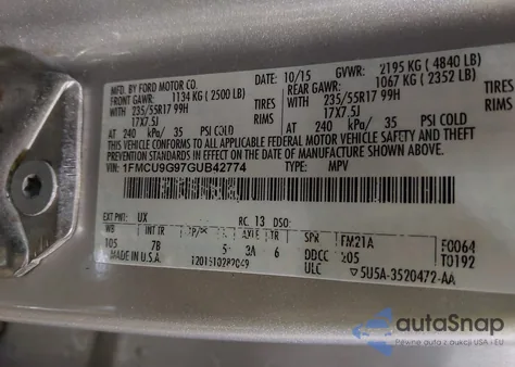 2016 Ford Escape Se z USA, uszkodzony, nr VIN 1FMCU9G97GUB42774